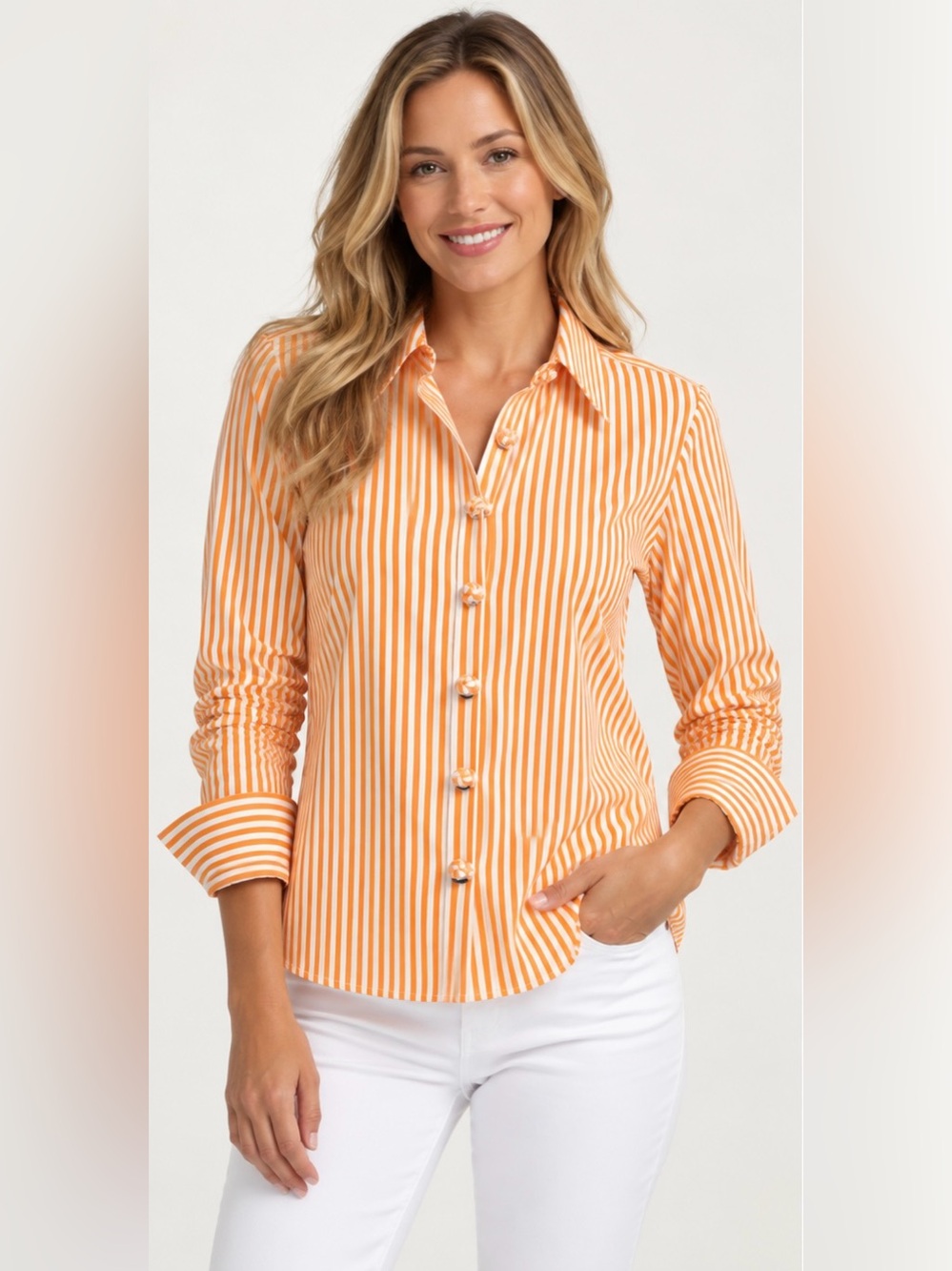 Gretchen Scott Orange White Stripes Button Front Blouse Coastal Resortwear | S